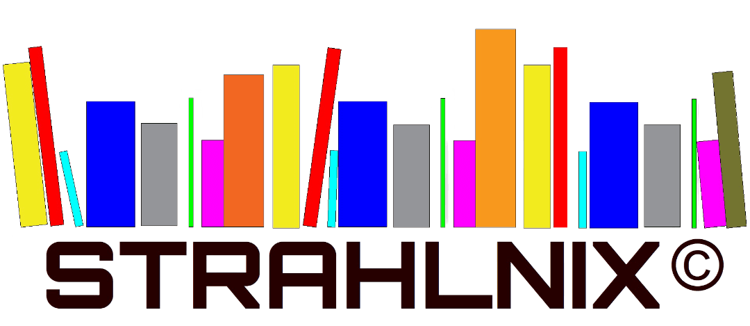 Das Strahlnix Logo zeigt farbige Bücher, welche verschiedene Größen haben. Unter den Büchern ist ein Schriftzug "STRAHLNIX"
