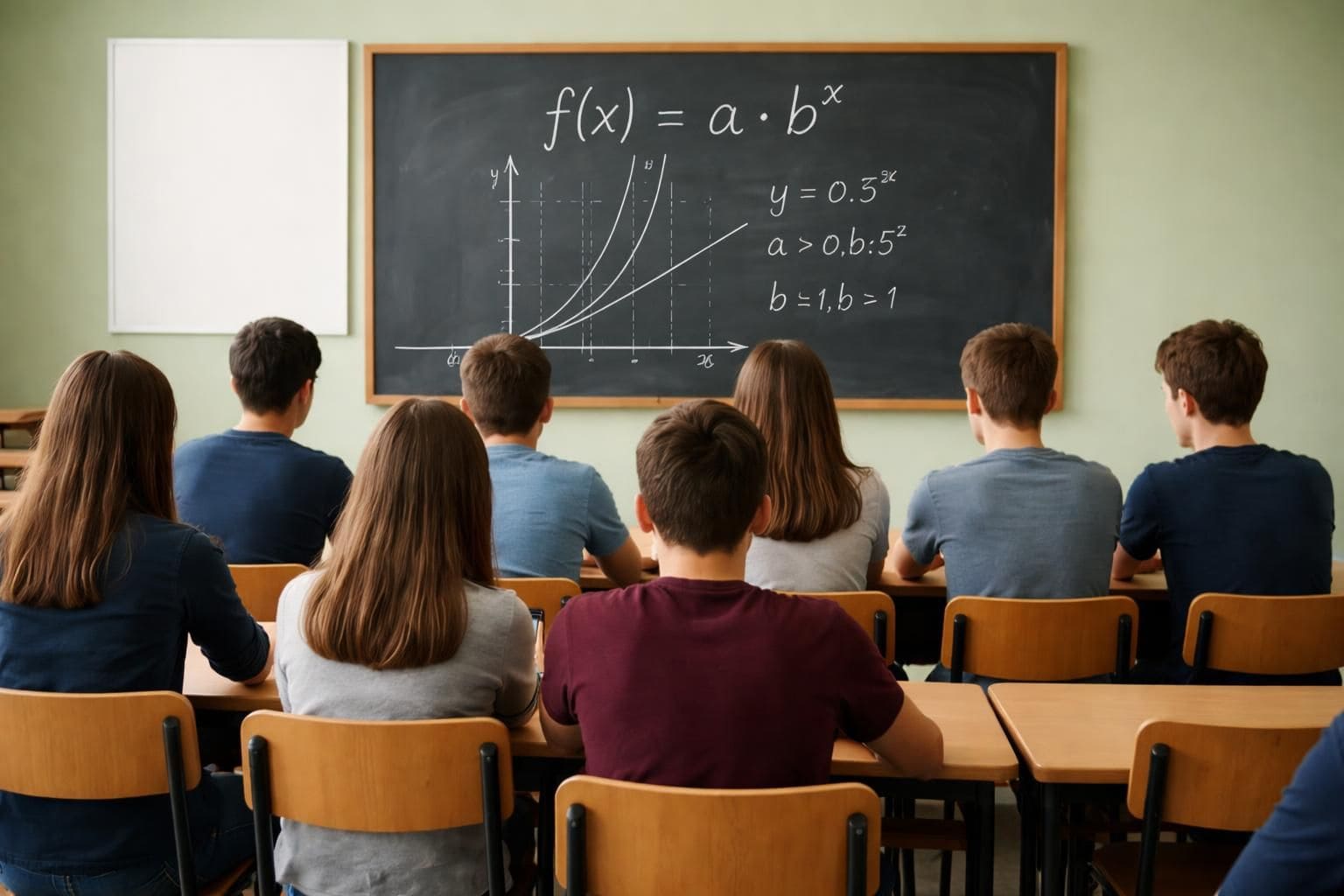 Schüler genießen einen schnellen Lernerfolg, auf der Tafel werden komplexere Formel dargestellt.